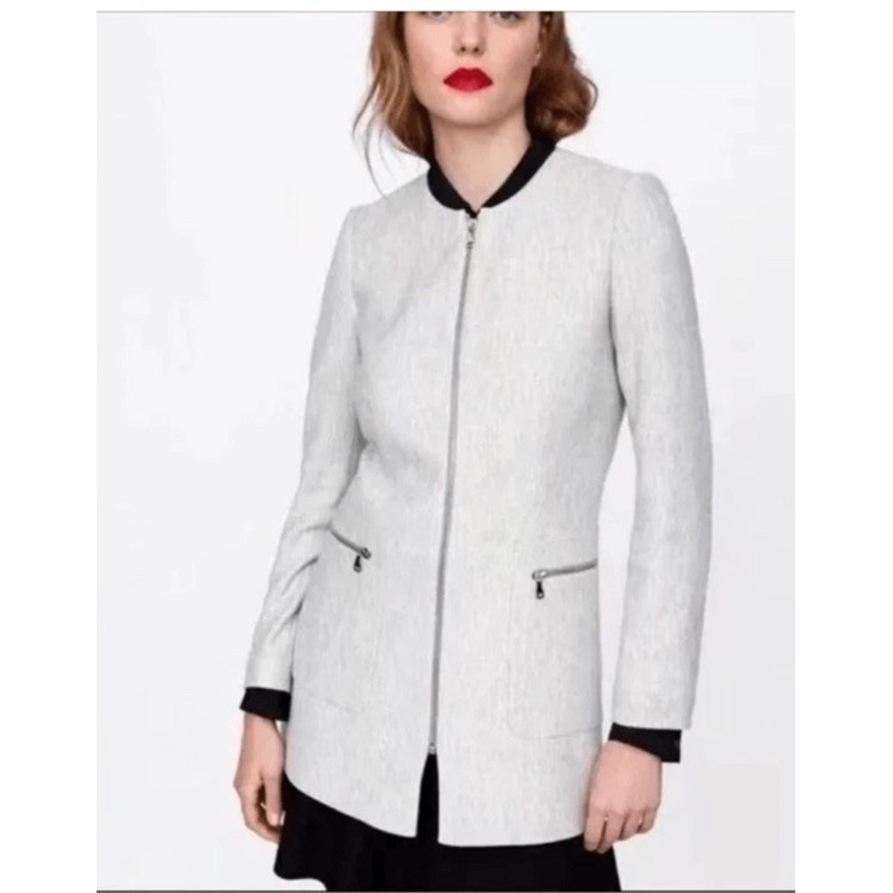 Zara Basic sGray Coat Herringbone Jacket Zip Up Pockets‎ Sz M